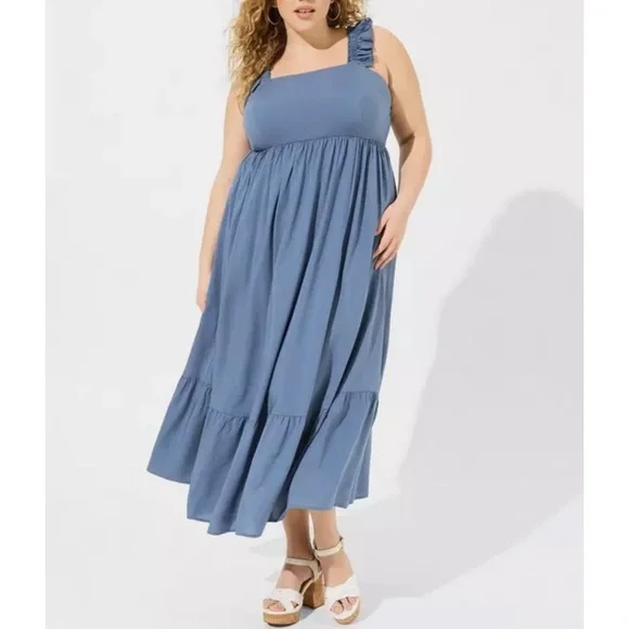 NWT Torrid Blue Maxi Challis Ruffle Strap Tiered Dress w/Pockets Size 1X - Picture 2 of 12